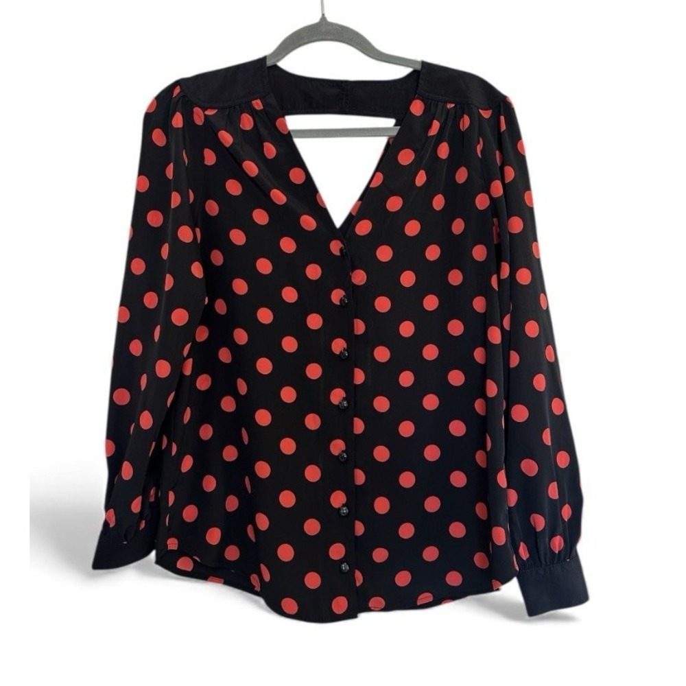 Anthropology‎ Bellatrix Black Blouse Women Small Red Polka Dots Ballon Long Slvs